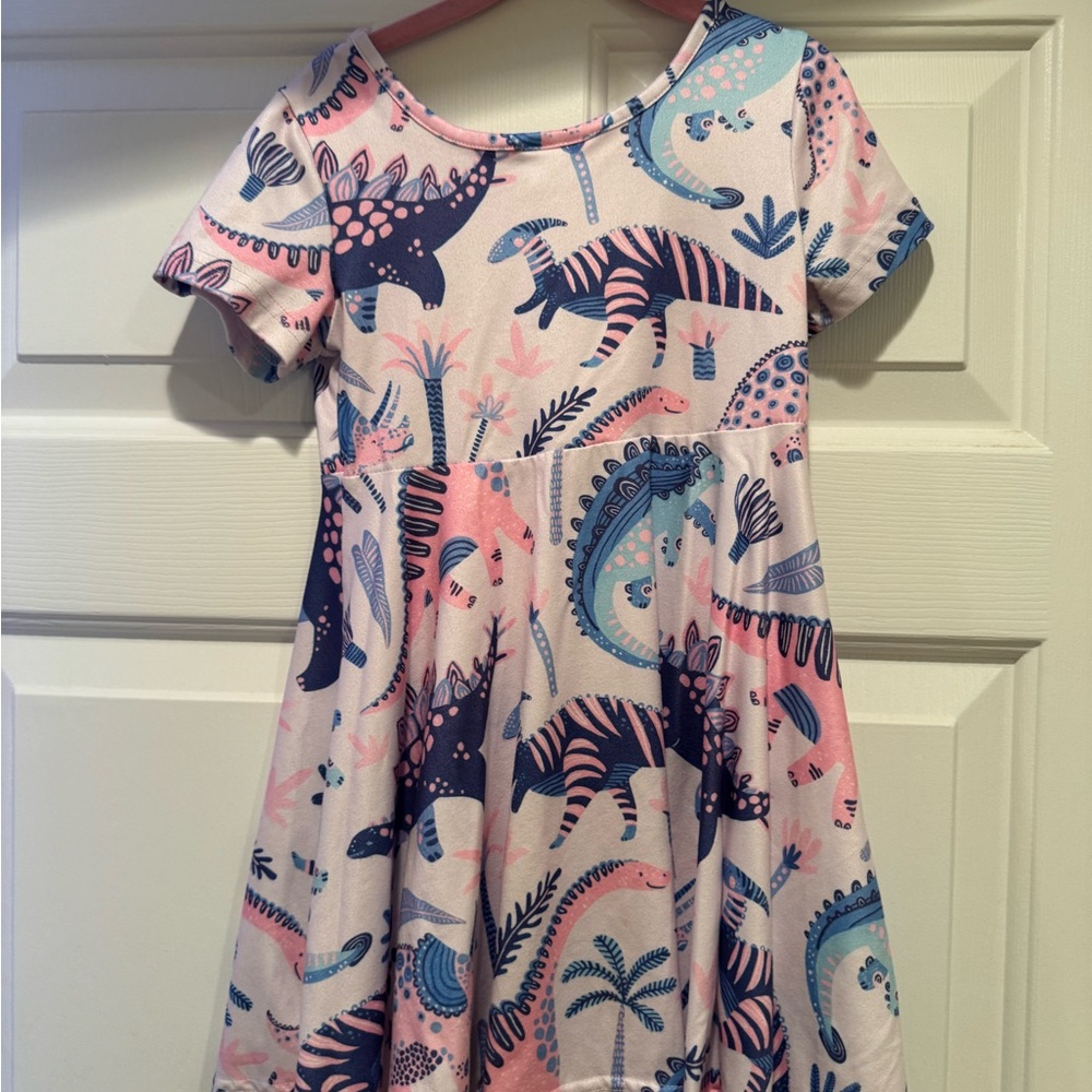 Dinosaur Print Kids Dress - Pink and Blue